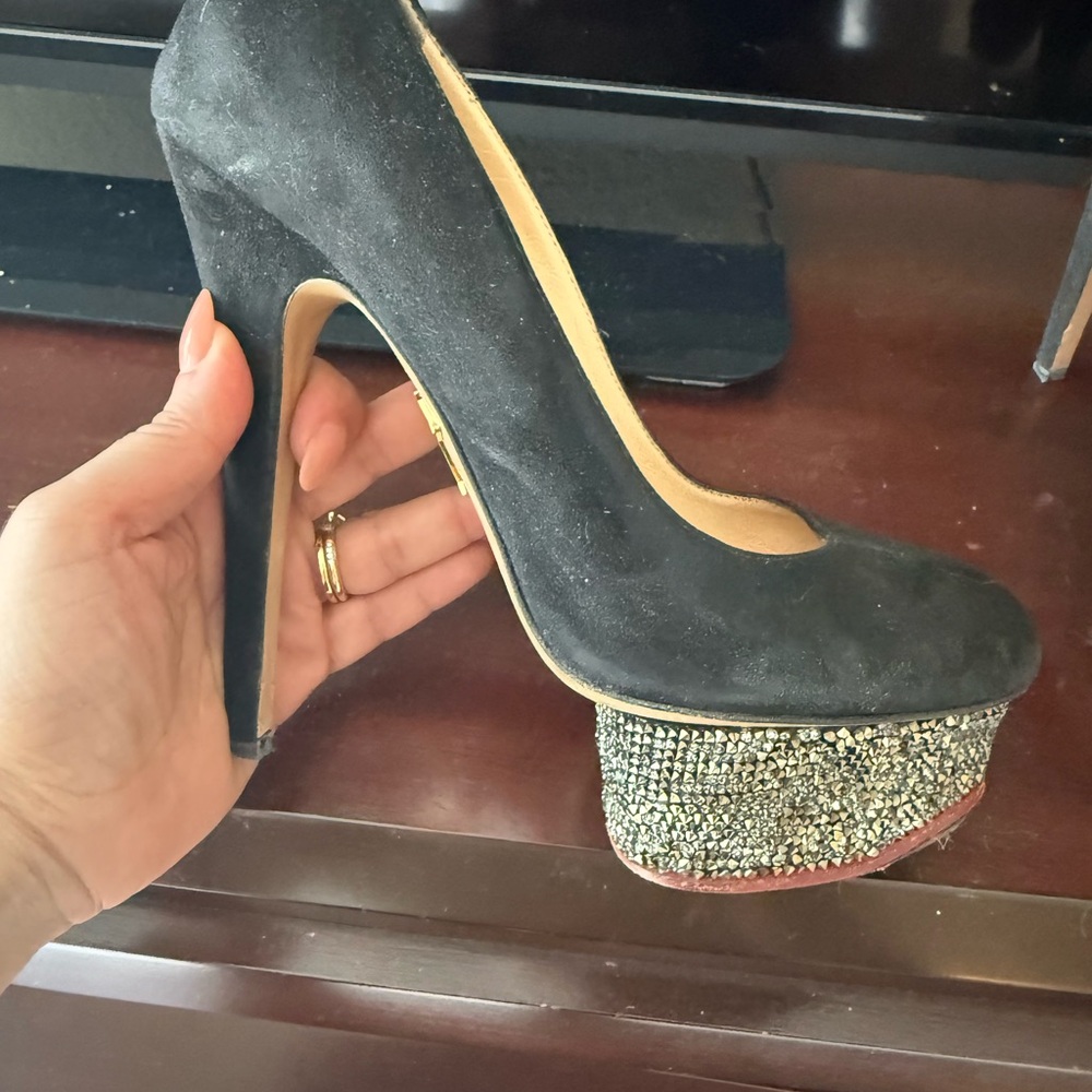 Charlotte Olympia Black Heels with Silver Embellished Platform